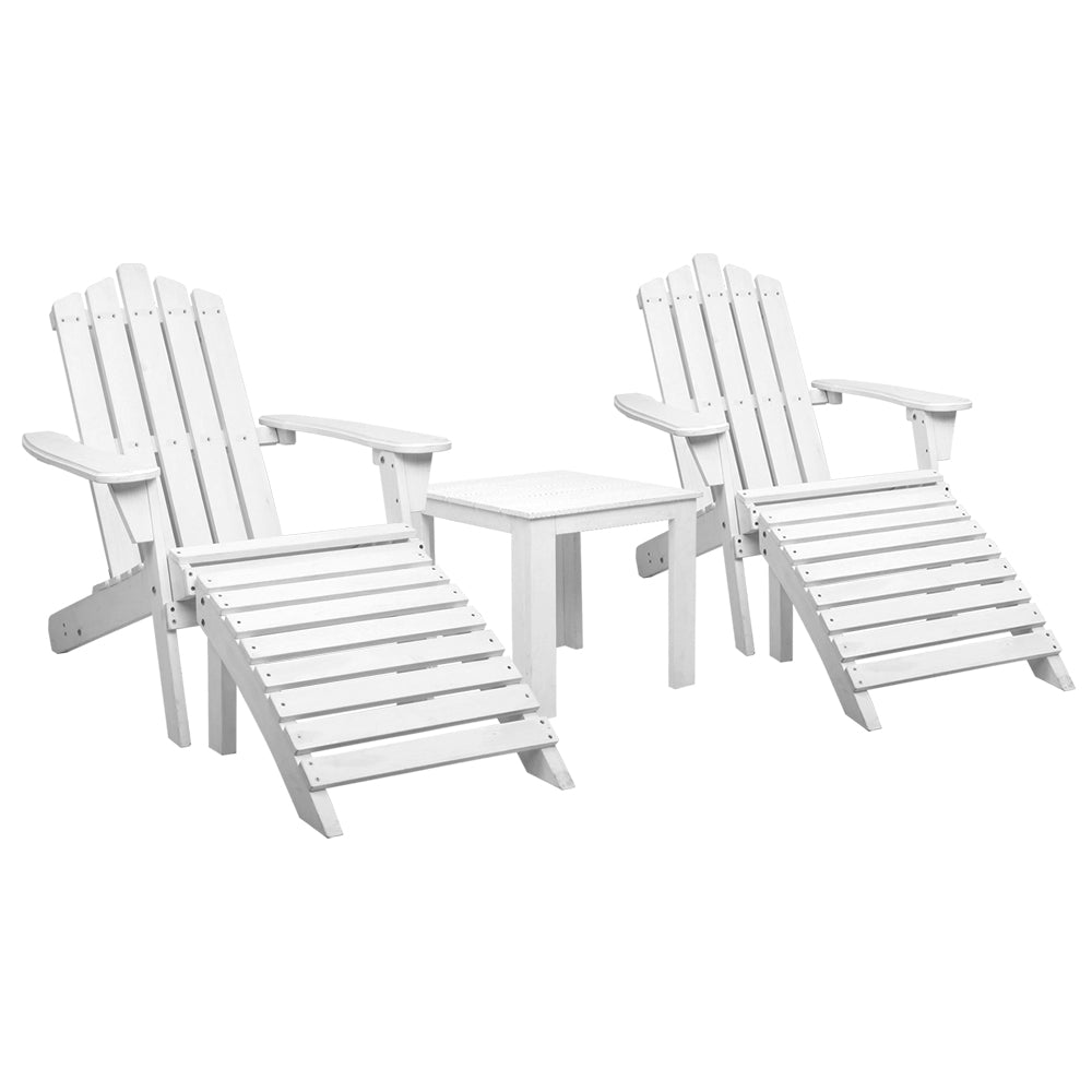 Gardeon 5PC Adirondack Outdoor Table and Chairs Wooden Sun Lounge Patio Furniture White Chez Guru