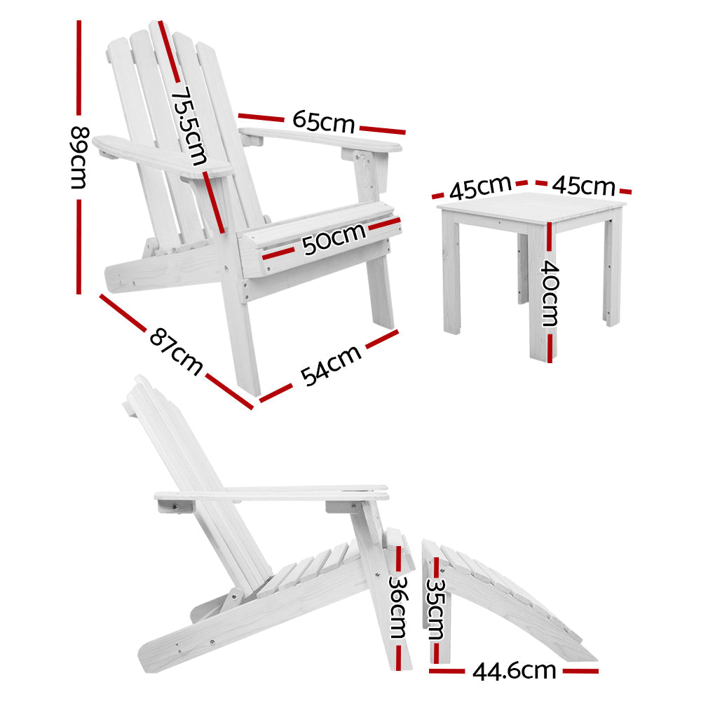 Gardeon 5PC Adirondack Outdoor Table and Chairs Wooden Sun Lounge Patio Furniture White Chez Guru