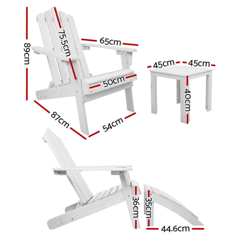 Gardeon 5PC Adirondack Outdoor Table and Chairs Wooden Sun Lounge Patio Furniture White Chez Guru