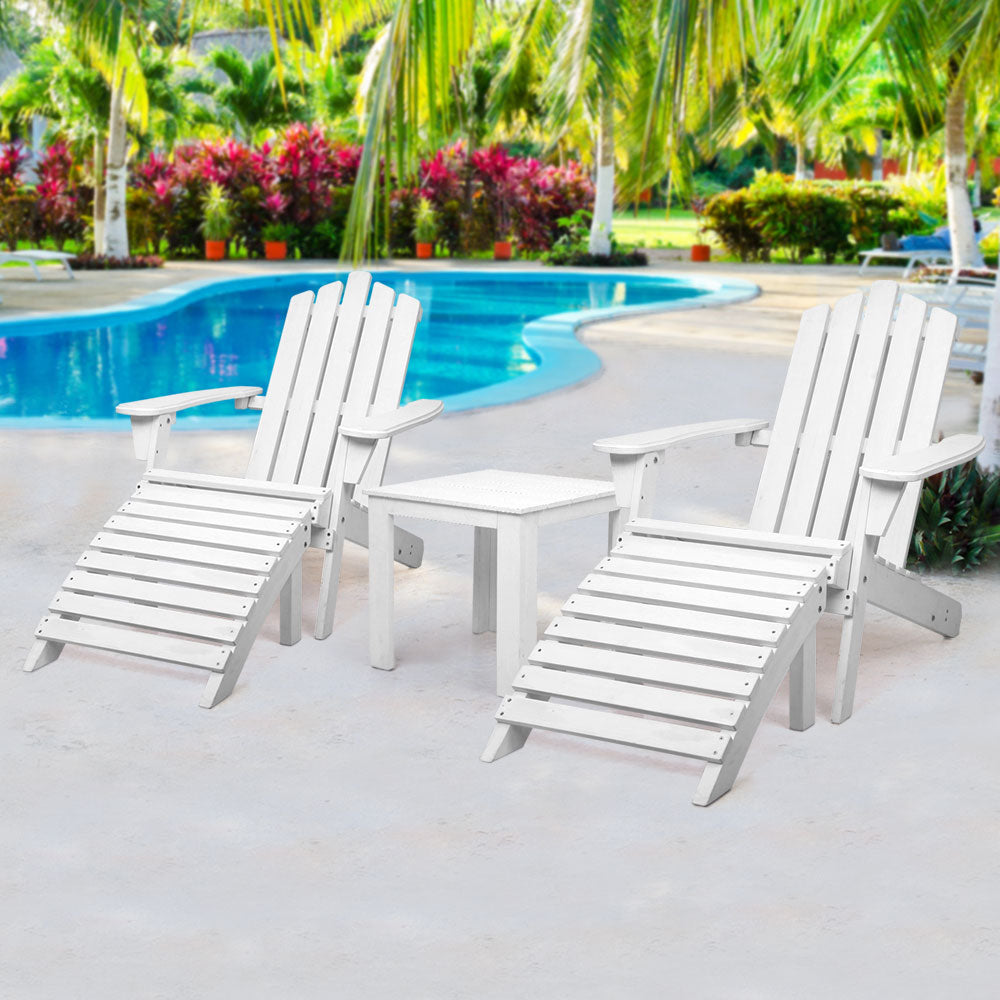 Gardeon 5PC Adirondack Outdoor Table and Chairs Wooden Sun Lounge Patio Furniture White Chez Guru