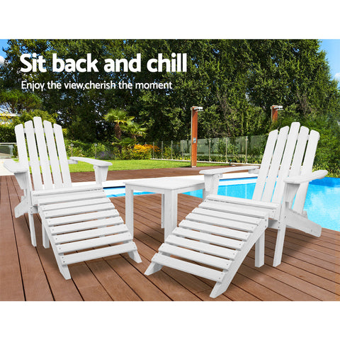 Gardeon 5PC Adirondack Outdoor Table and Chairs Wooden Sun Lounge Patio Furniture White Chez Guru