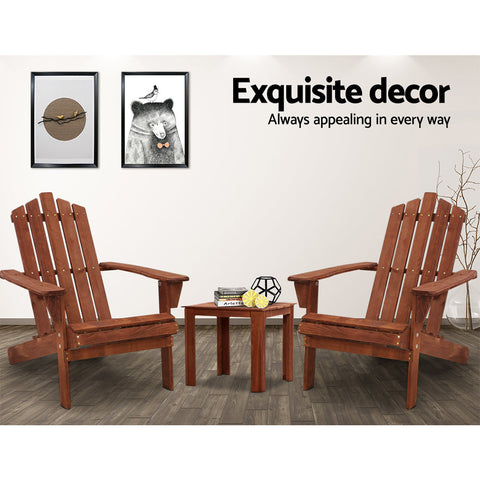 Gardeon 3PC Adirondack Outdoor Table and Chairs Wooden Beach Chair Brown Chez Guru