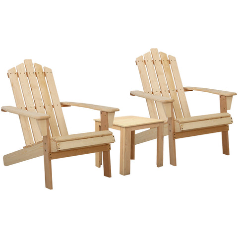 Gardeon 3PC Adirondack Outdoor Table and Chairs Wooden Beach Chair Natural Chez Guru