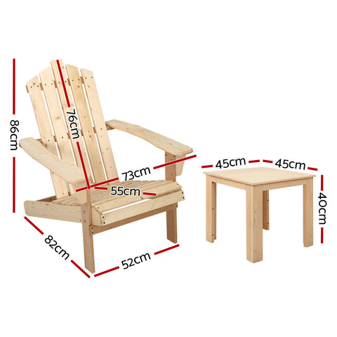 Gardeon 3PC Adirondack Outdoor Table and Chairs Wooden Beach Chair Natural Chez Guru
