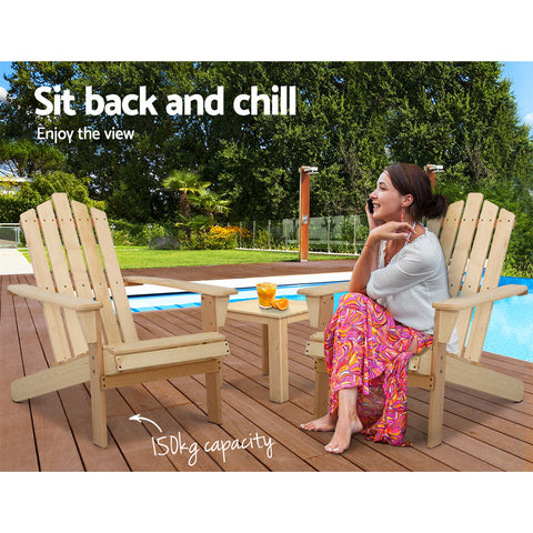 Gardeon 3PC Adirondack Outdoor Table and Chairs Wooden Beach Chair Natural Chez Guru