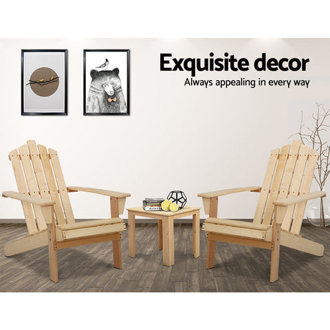 Gardeon 3PC Adirondack Outdoor Table and Chairs Wooden Beach Chair Natural Chez Guru