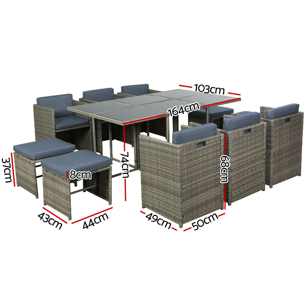 Gardeon Outdoor Dining Set 11 Piece Wicker Table Chairs Setting Grey Chez Guru