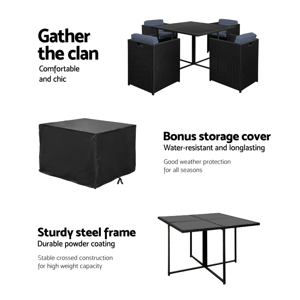 Gardeon Outdoor Dining Set 5 Piece Wicker Table Chairs Setting Black Chez Guru