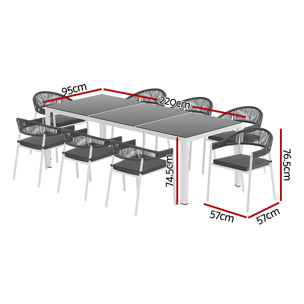 Gardeon Outdoor Dining Set 9 Piece Steel Table Chairs Setting White Chez Guru