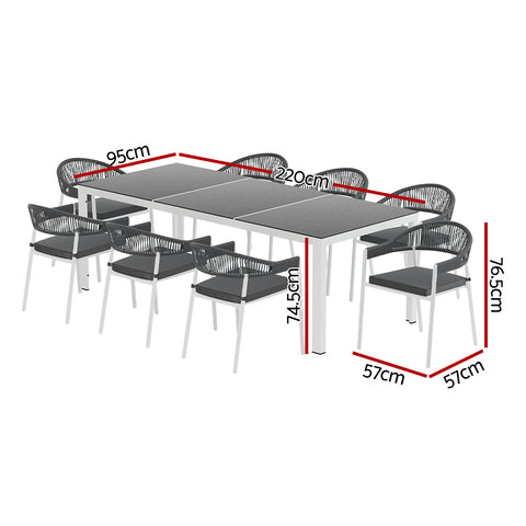 Gardeon Outdoor Dining Set 9 Piece Steel Table Chairs Setting White Chez Guru