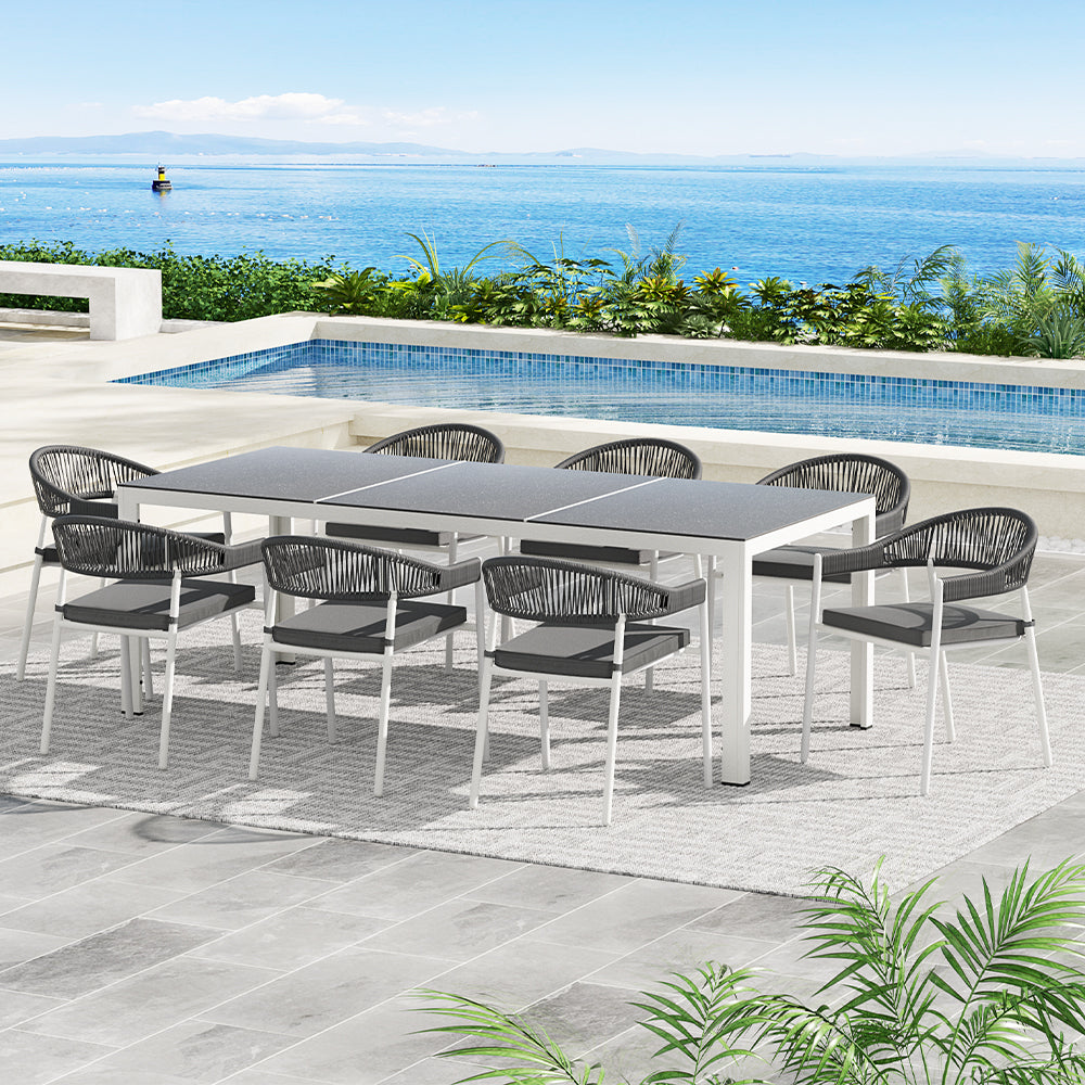 Gardeon Outdoor Dining Set 9 Piece Steel Table Chairs Setting White Chez Guru