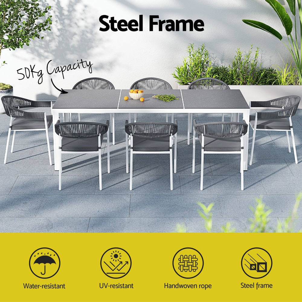 Gardeon Outdoor Dining Set 9 Piece Steel Table Chairs Setting White Chez Guru