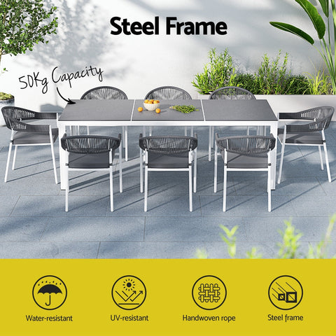Gardeon Outdoor Dining Set 9 Piece Steel Table Chairs Setting White Chez Guru