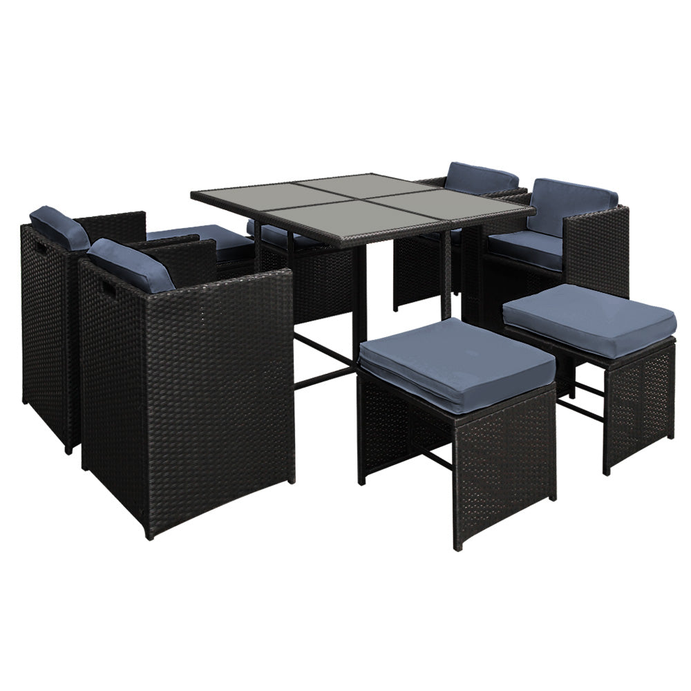 Gardeon Outdoor Dining Set 9 Piece Wicker Table Chairs Setting Black Chez Guru