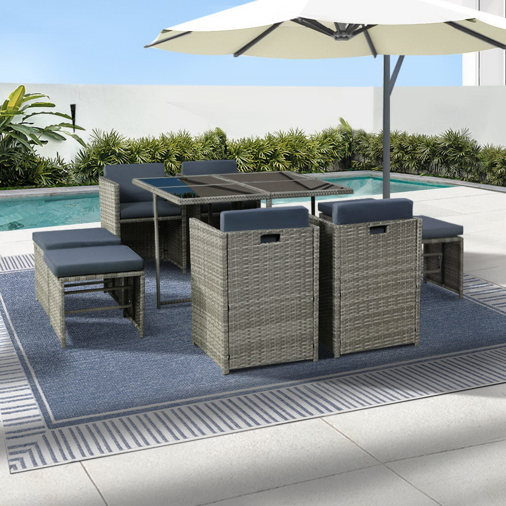 Gardeon Outdoor Dining Set 9 Piece Wicker Table Chairs Setting Grey Chez Guru