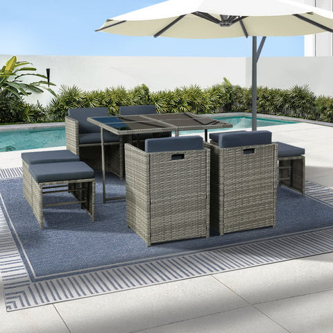 Gardeon Outdoor Dining Set 9 Piece Wicker Table Chairs Setting Grey Chez Guru