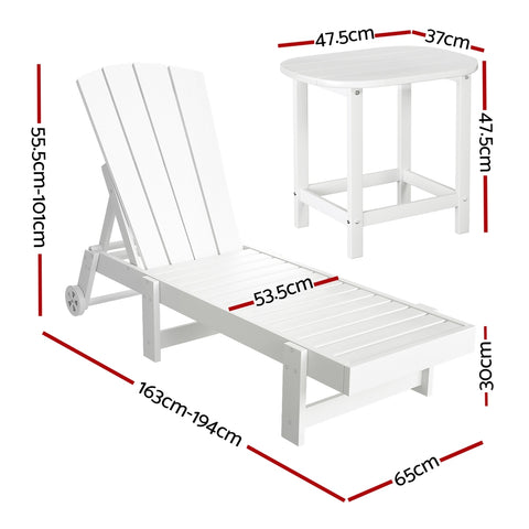 Gardeon Sun Lounge Lounger Table and Chairs Beach Chair Adirondack HDPE Patio Outdoor Furniture Wheels White
