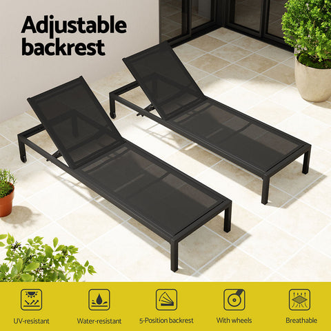 Gardeon Sun Lounge Outdoor Lounger Aluminium Folding Beach Chair Wheels Black Chez Guru