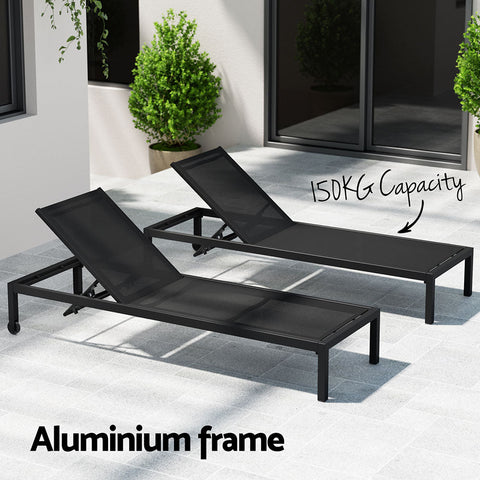 Gardeon Sun Lounge Outdoor Lounger Aluminium Folding Beach Chair Wheels Black Chez Guru