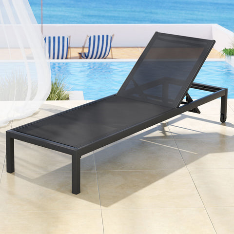 Gardeon Sun Lounge Outdoor Lounger Aluminium Folding Beach Chair Wheels Black Chez Guru