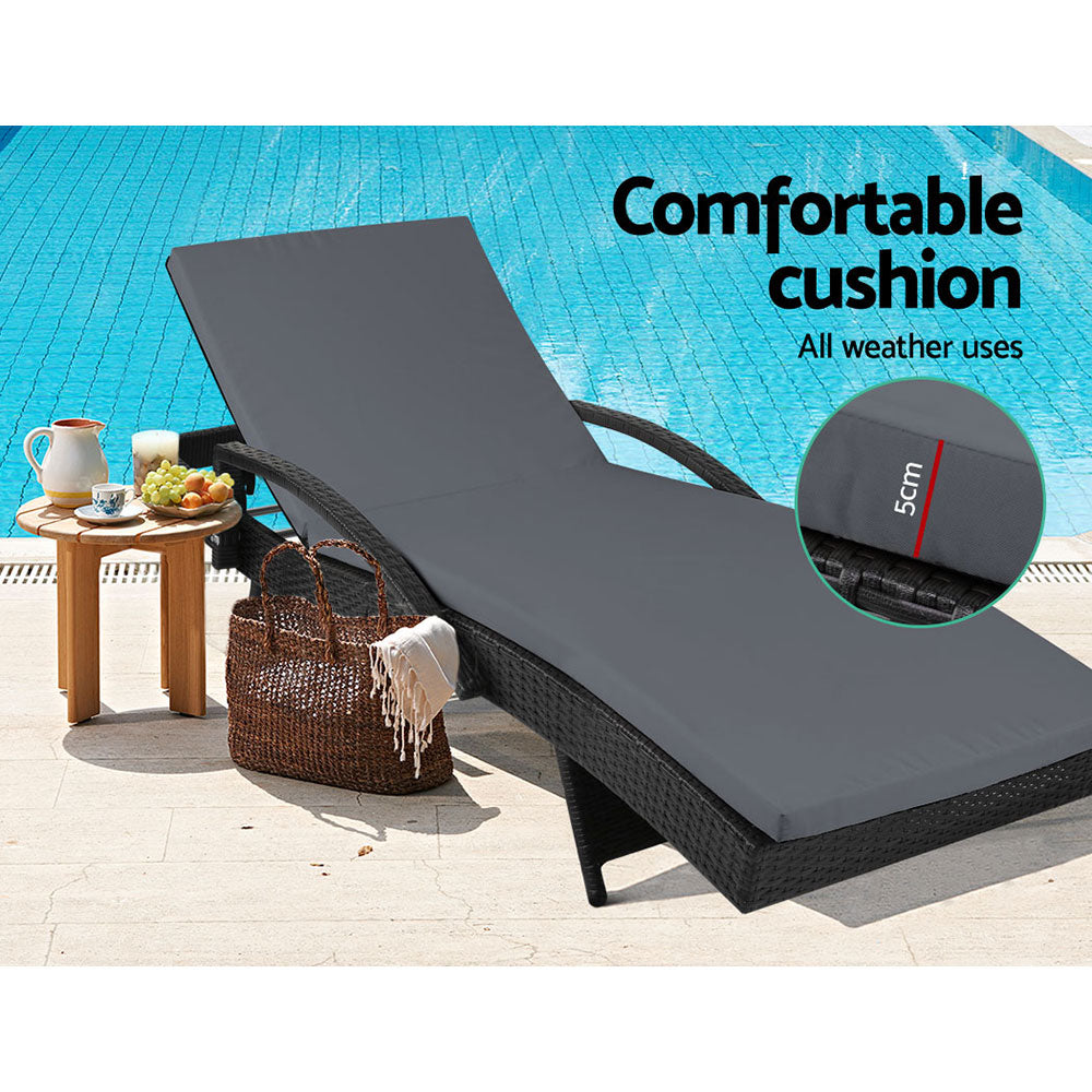 Gardeon Sun Lounge Wicker Lounger Outdoor Furniture Beach Chair Patio Adjustable Cushion Black Chez Guru