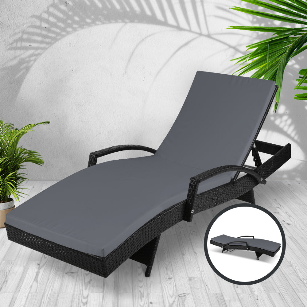 Gardeon Sun Lounge Wicker Lounger Outdoor Furniture Beach Chair Patio Adjustable Cushion Black Chez Guru