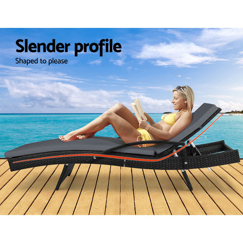 Gardeon 2PC Sun Lounge Wicker Lounger Outdoor Furniture Beach Chair Patio Adjustable Cushion Black Chez Guru