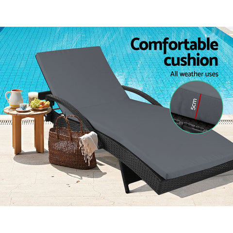Gardeon 2PC Sun Lounge Wicker Lounger Outdoor Furniture Beach Chair Patio Adjustable Cushion Black Chez Guru