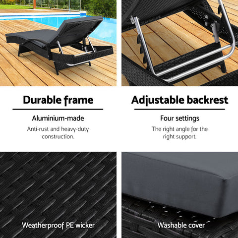 Gardeon 2PC Sun Lounge Wicker Lounger Outdoor Furniture Beach Chair Patio Adjustable Cushion Black Chez Guru