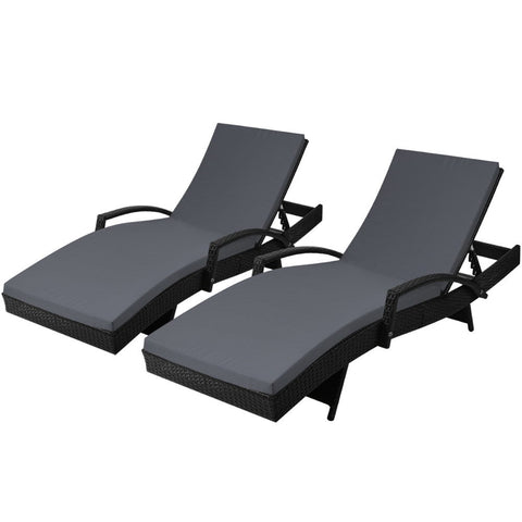 Gardeon 2PC Sun Lounge Wicker Lounger Outdoor Furniture Beach Chair Patio Adjustable Cushion Black Chez Guru