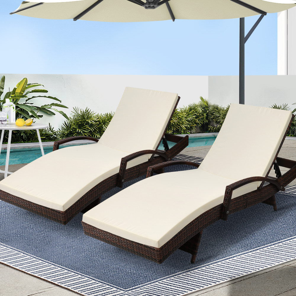Gardeon 2PC Sun Lounge Wicker Lounger Outdoor Furniture Beach Chair Patio Adjustable Cushion Brown Chez Guru