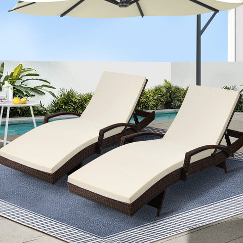 Gardeon 2PC Sun Lounge Wicker Lounger Outdoor Furniture Beach Chair Patio Adjustable Cushion Brown Chez Guru
