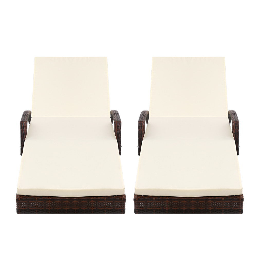 Gardeon 2PC Sun Lounge Wicker Lounger Outdoor Furniture Beach Chair Patio Adjustable Cushion Brown Chez Guru