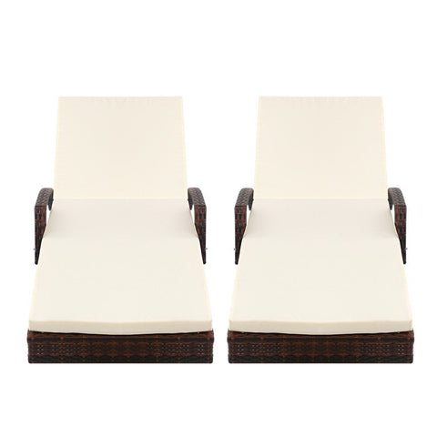 Gardeon 2PC Sun Lounge Wicker Lounger Outdoor Furniture Beach Chair Patio Adjustable Cushion Brown Chez Guru
