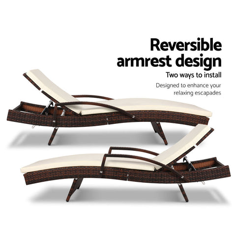 Gardeon 2PC Sun Lounge Wicker Lounger Outdoor Furniture Beach Chair Patio Adjustable Cushion Brown Chez Guru