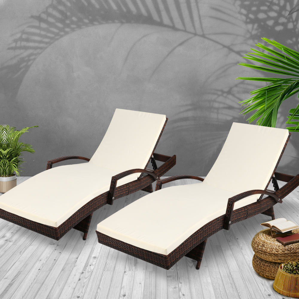 Gardeon 2PC Sun Lounge Wicker Lounger Outdoor Furniture Beach Chair Patio Adjustable Cushion Brown Chez Guru