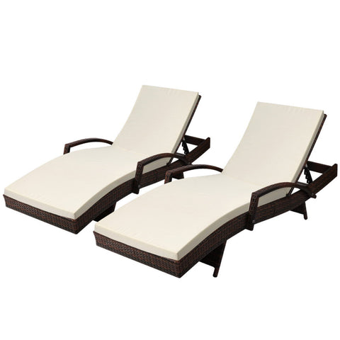 Gardeon 2PC Sun Lounge Wicker Lounger Outdoor Furniture Beach Chair Patio Adjustable Cushion Brown Chez Guru