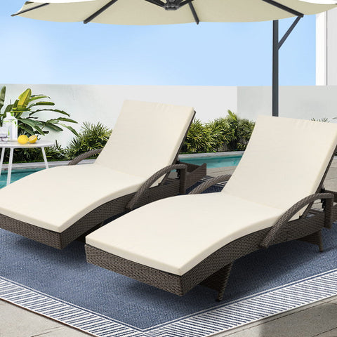 Gardeon 2PC Sun Lounge Wicker Lounger Outdoor Furniture Beach Chair Adjustable Cushion Grey&Beige Chez Guru