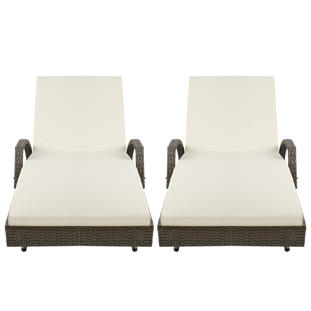 Gardeon 2PC Sun Lounge Wicker Lounger Outdoor Furniture Beach Chair Adjustable Cushion Grey&Beige Chez Guru