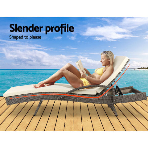 Gardeon 2PC Sun Lounge Wicker Lounger Outdoor Furniture Beach Chair Adjustable Cushion Grey&Beige Chez Guru