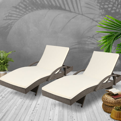 Gardeon 2PC Sun Lounge Wicker Lounger Outdoor Furniture Beach Chair Adjustable Cushion Grey&Beige Chez Guru