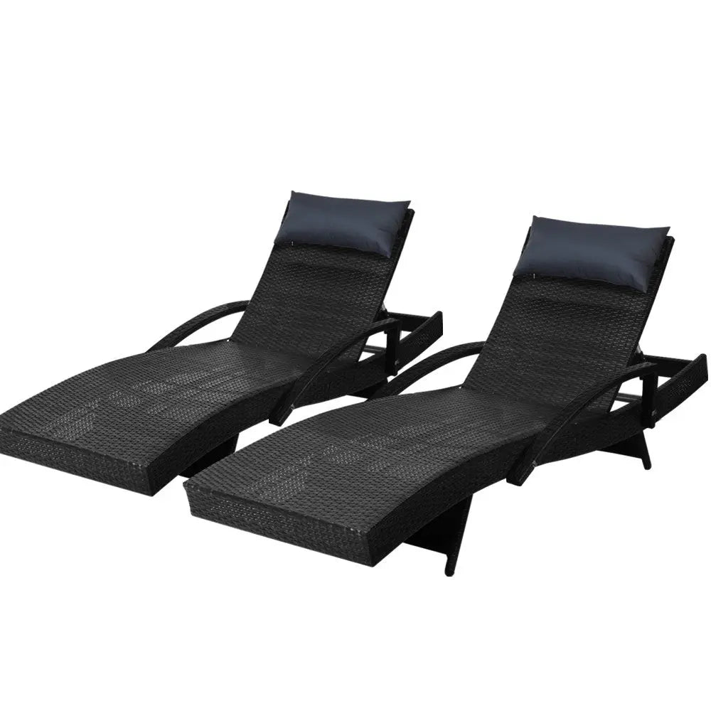 Gardeon 2x Sun Lounge Wicker Lounger Outdoor Furniture Beach Chair Armrest Adjustable Black - Chez Guru