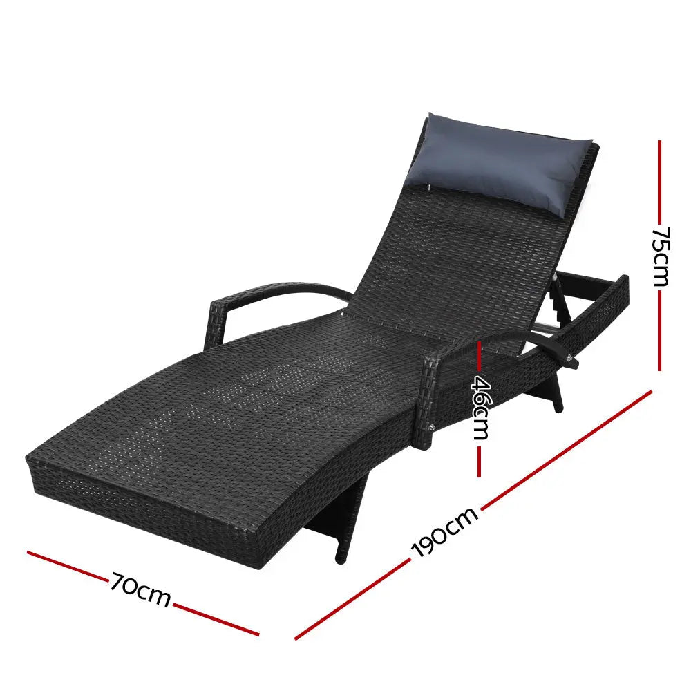 Gardeon 2x Sun Lounge Wicker Lounger Outdoor Furniture Beach Chair Armrest Adjustable Black - Chez Guru