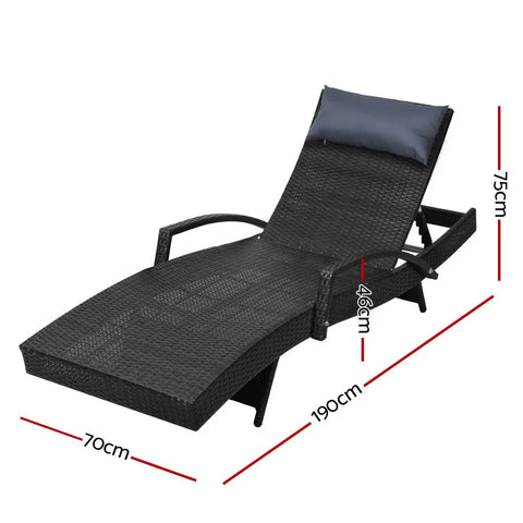Gardeon 2x Sun Lounge Wicker Lounger Outdoor Furniture Beach Chair Armrest Adjustable Black - Chez Guru