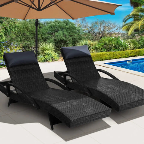 Gardeon 2x Sun Lounge Wicker Lounger Outdoor Furniture Beach Chair Armrest Adjustable Black - Chez Guru