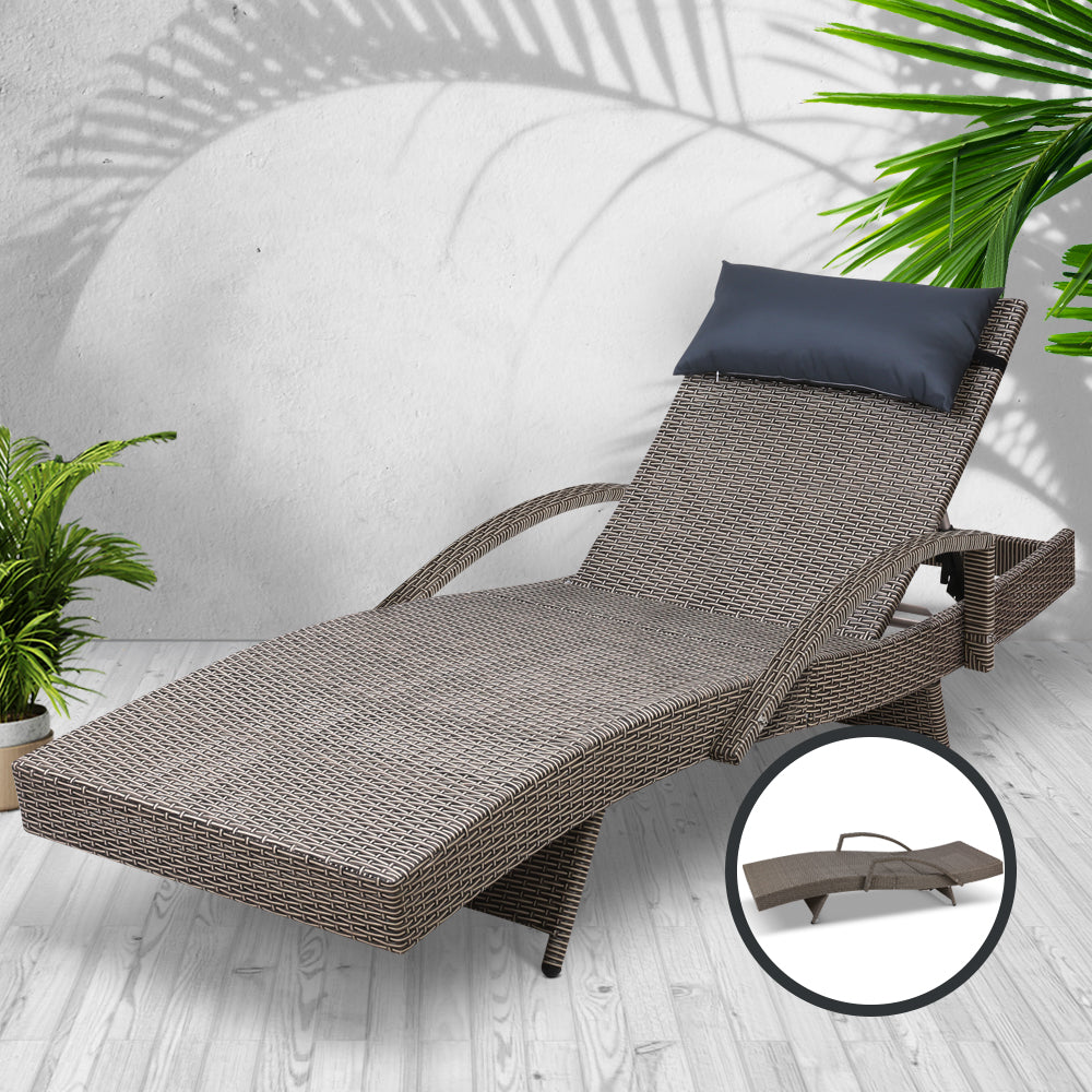 Gardeon Sun Lounge Wicker Lounger Outdoor Furniture Beach Armchair Adjustable Grey&Beige Chez Guru
