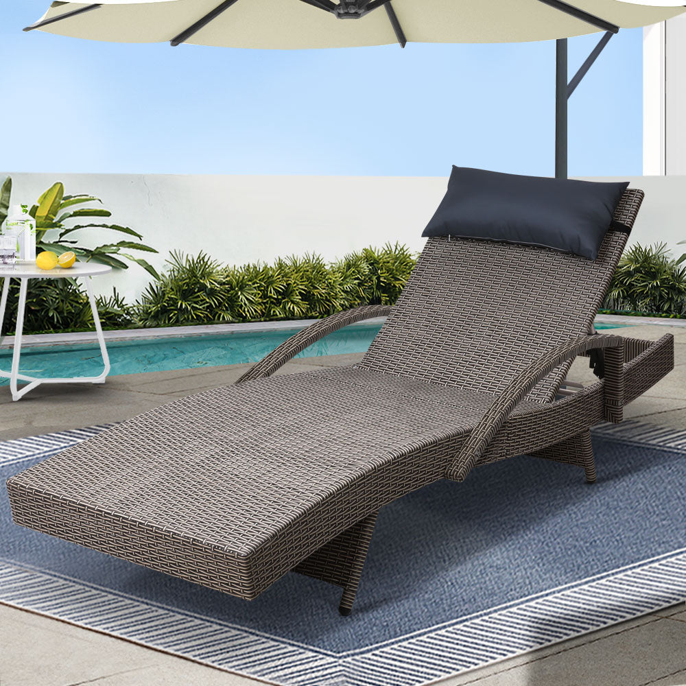 Gardeon Sun Lounge Wicker Lounger Outdoor Furniture Beach Armchair Adjustable Grey&Beige Chez Guru