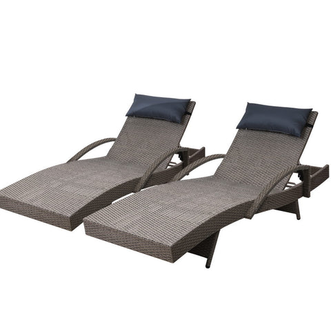 Gardeon 2x Sun Lounge Wicker Lounger Outdoor Furniture Beach Armchair Adjustable Grey&Beige Chez Guru
