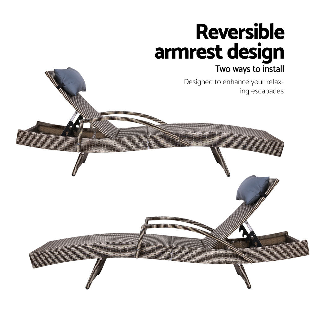 Gardeon 2x Sun Lounge Wicker Lounger Outdoor Furniture Beach Armchair Adjustable Grey&Beige Chez Guru