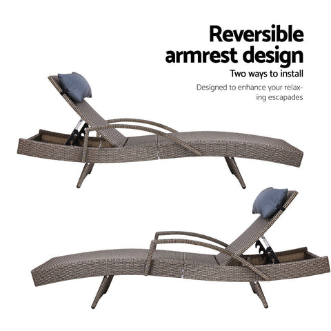 Gardeon 2x Sun Lounge Wicker Lounger Outdoor Furniture Beach Armchair Adjustable Grey&Beige Chez Guru